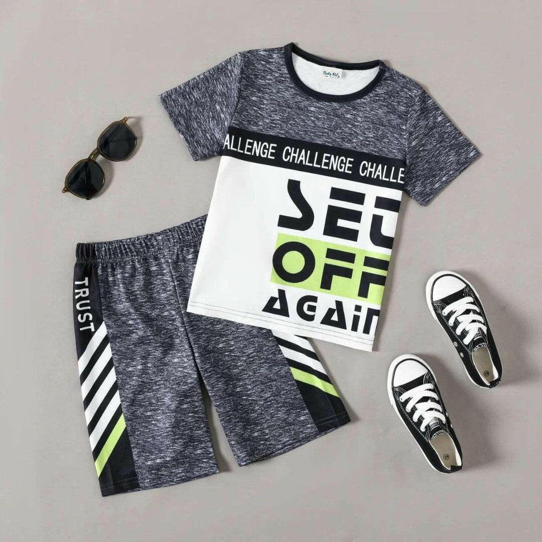 Sporty Letter Print Tee & Shorts Set - Kid Boy (2pcs) - Novo Kids