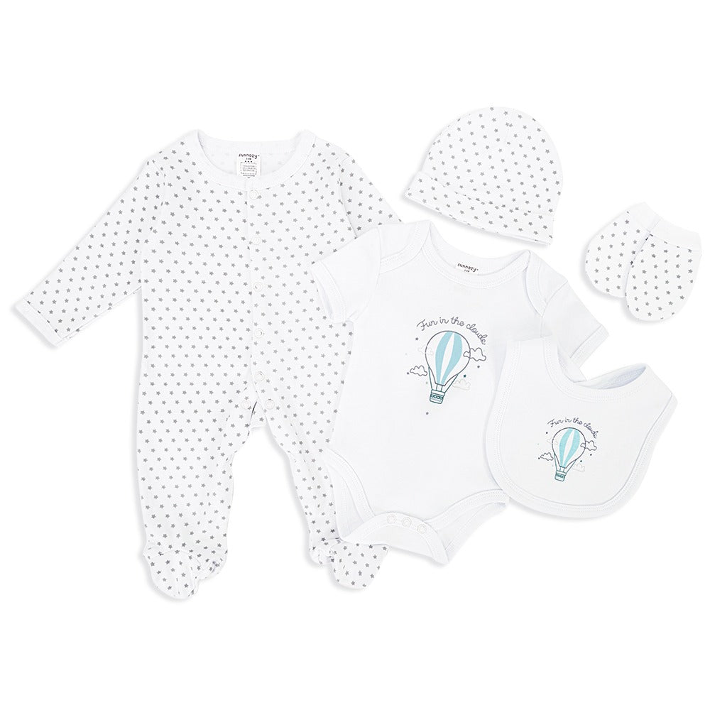 Newborn Baby 5 Piece Cotton Set – Hot Air Balloon Design  – (Newborn – 6 M)