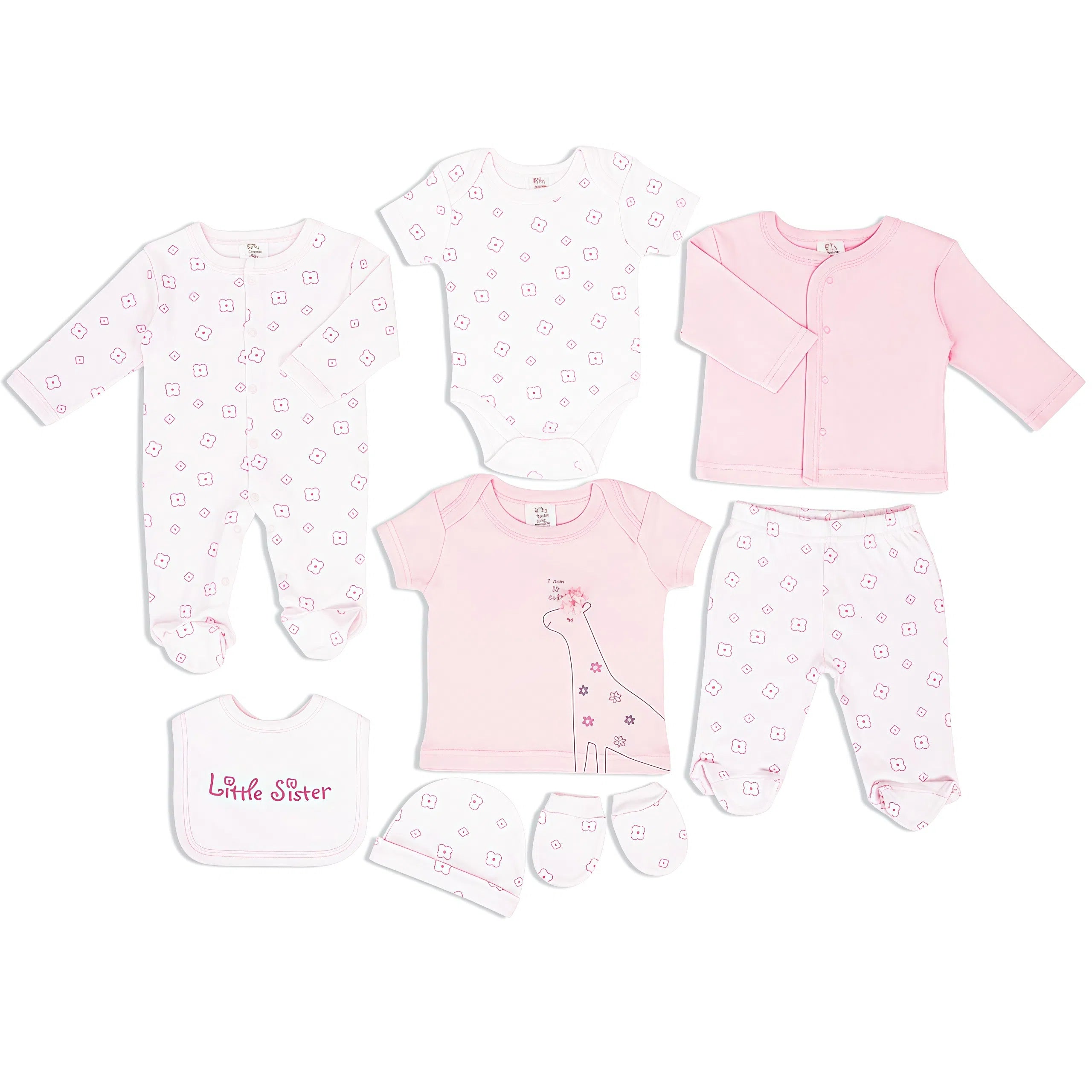 Newborn Baby Girl 8 Piece Cotton Set – Little Sister – (Newborn – 6 M)