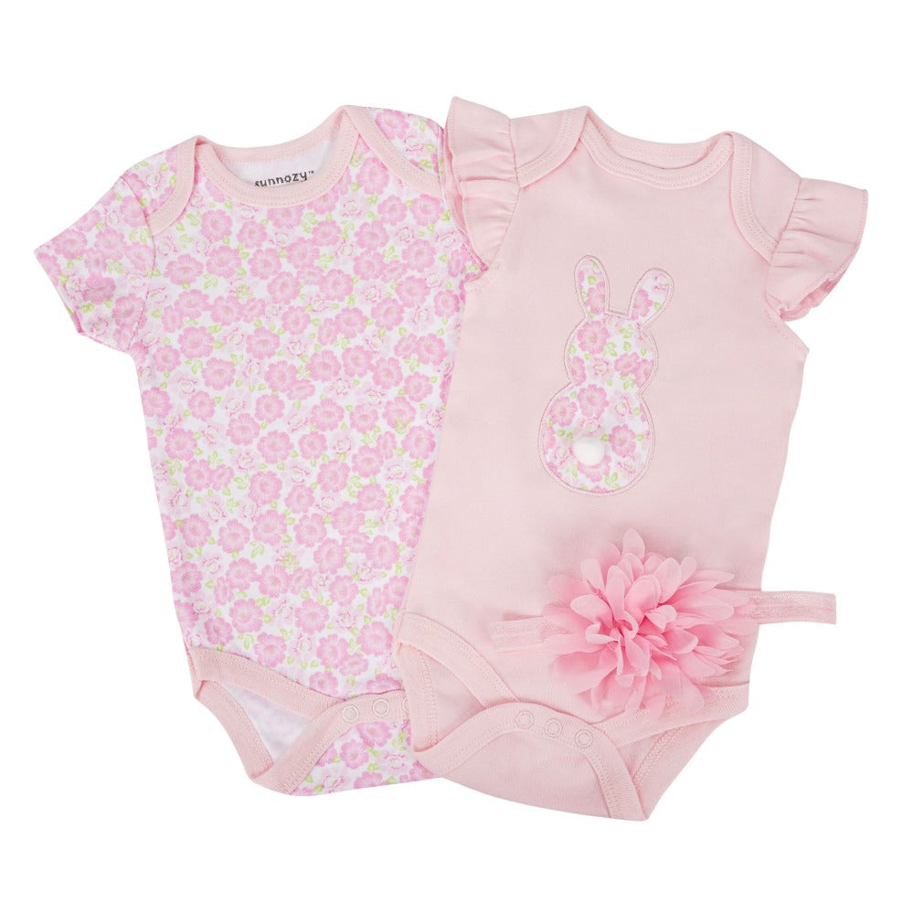 Newborn 2-Piece Baby Girl bodysuit Set – Pink Floral and Bunny Design (Newborn – 9 M)