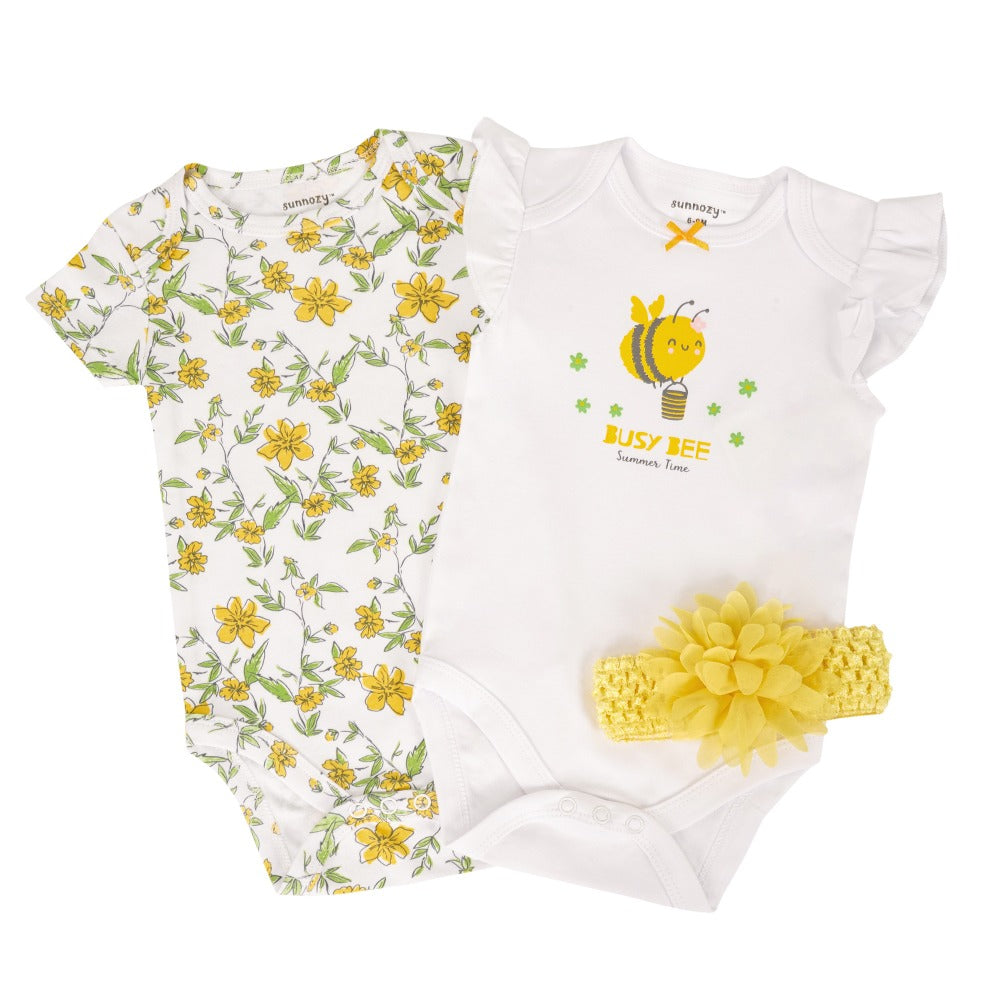 Newborn 2-Piece Baby Girl bodysuit Set – Busy Bee and Floral Design (Newborn – 9 M)