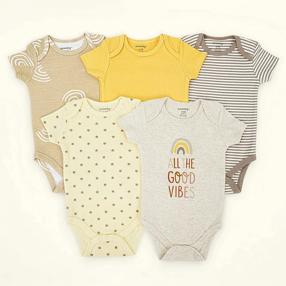 Newborn 5-Piece Baby Bodysuit Set – Good Vibes and Rainbow (Newborn – 9 M)