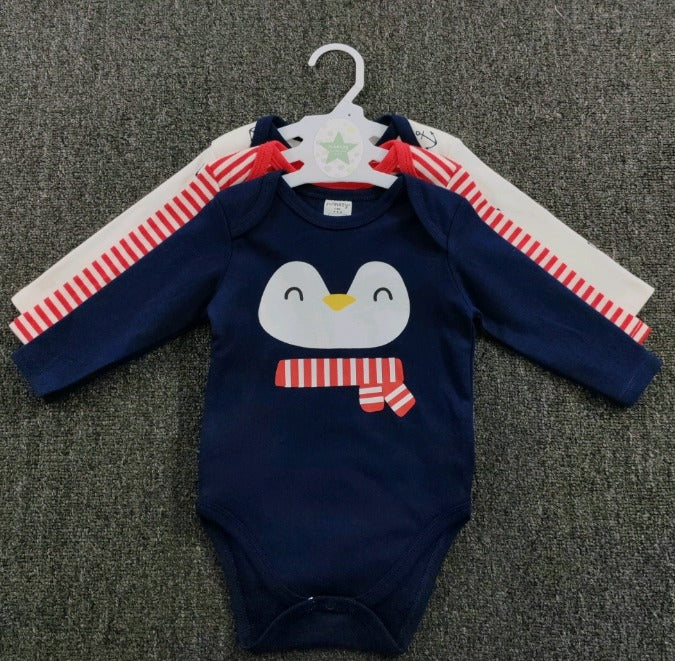 Newborn 3-Piece Baby Long Sleeve Bodysuit Set – Penguin and Nautical Theme (Newborn – 9 M)