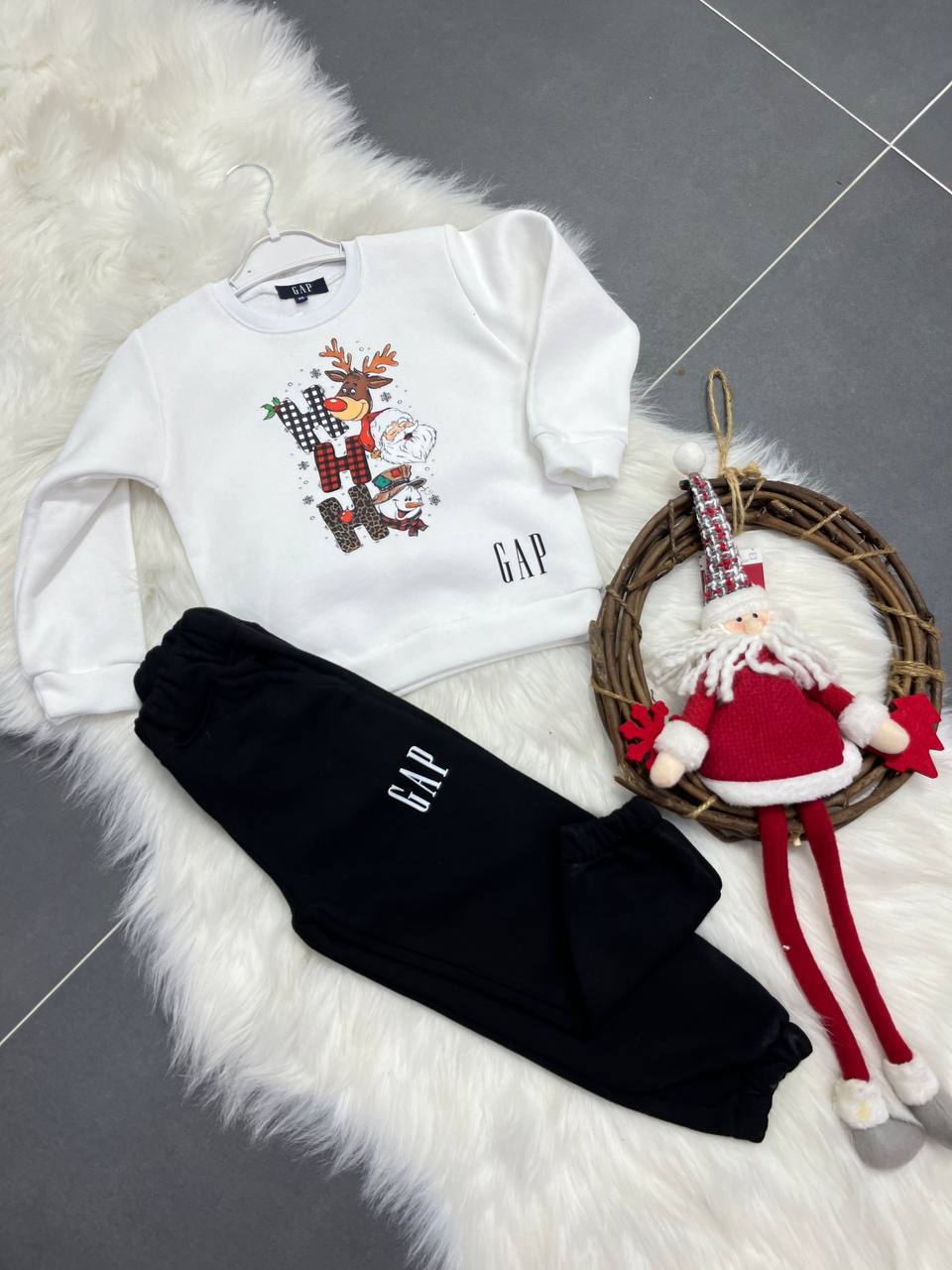 GAP Winter Christmas White and Black Set Reindeer and Snowman Print - Kids Boys/Girls (3-12Y)