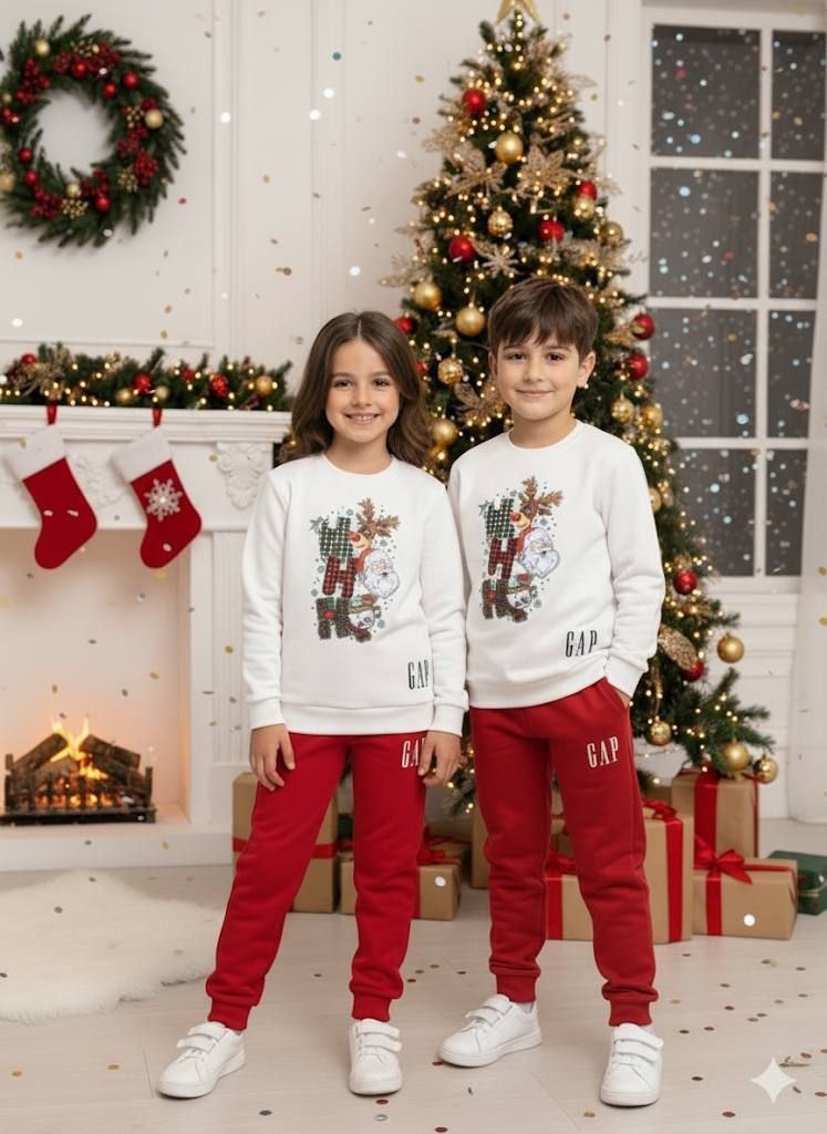 GAP Winter Christmas White and Red Set Reindeer and Snowman Print - Kids Boys/Girls (3-12Y)