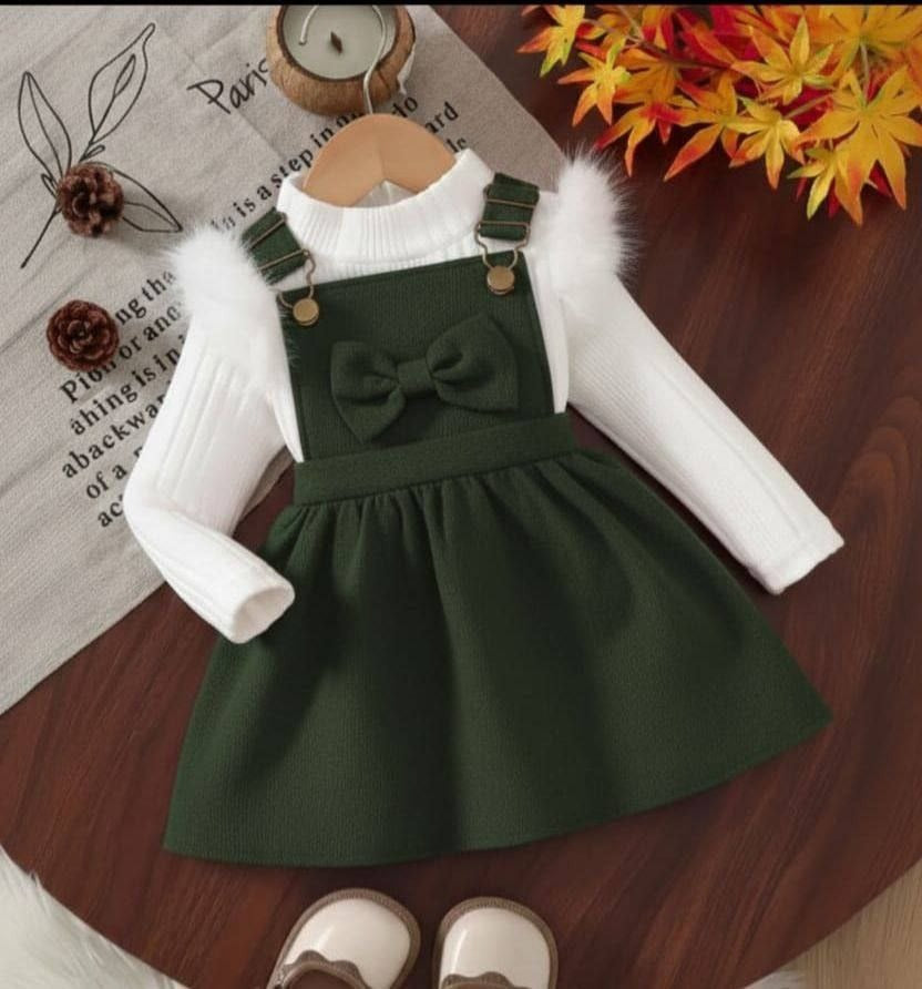 Girls’ Autumn/Winter Green Pinafore Dress Set – 2-Piece Outfit- Kids Girls (3-7Y)