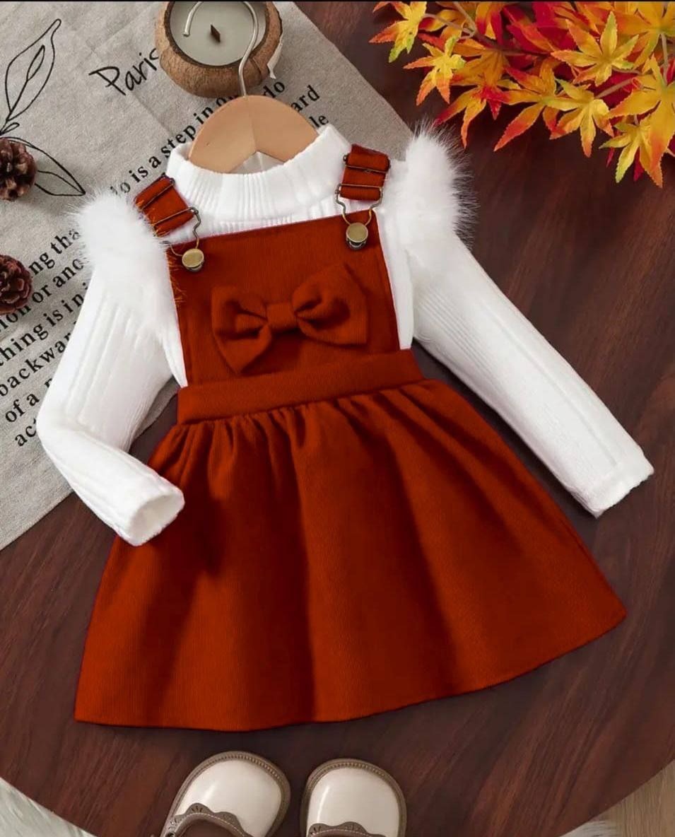Girls’ Autumn/Winter Brown Pinafore Dress Set – 2-Piece Outfit- Kids Girls (3-7Y)