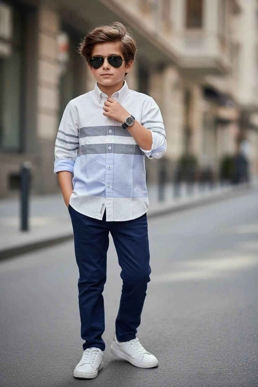 Polo Boys Smart Casual Striped Denim-Grey Shirt and Dark Blue Pants Set- Kids Boys (3-12Y)