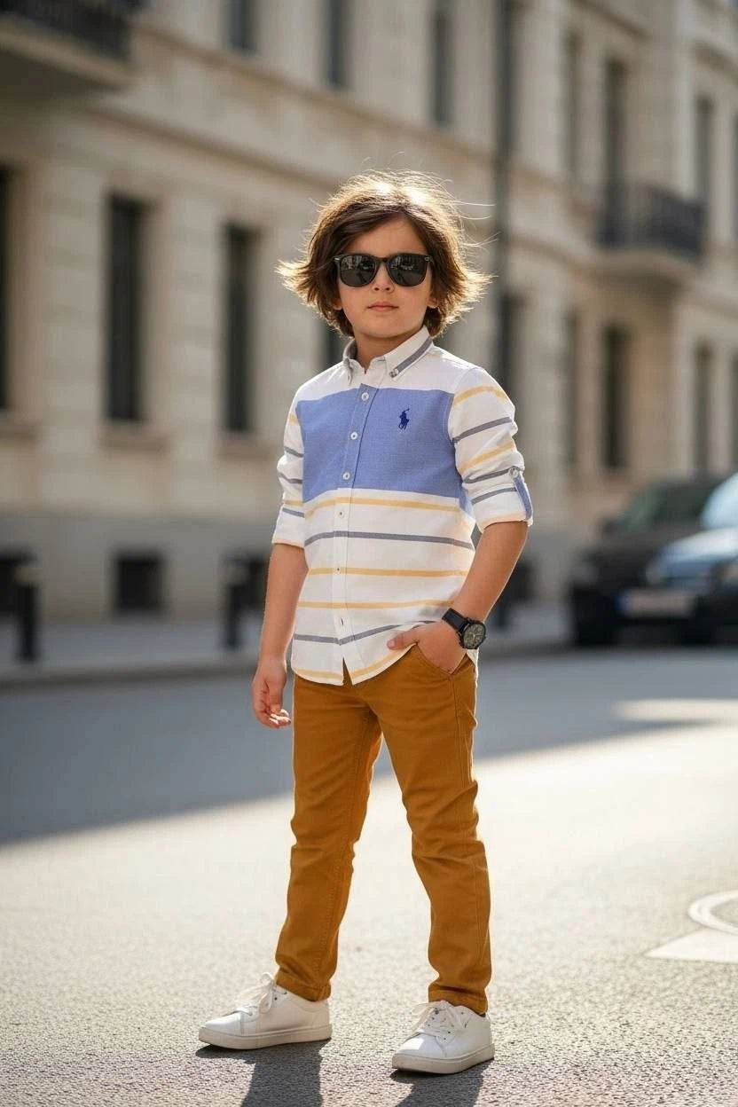 Polo Boys Smart Casual Striped Denim Shirt and Brown Pants Set- Kids Boys (3-12Y)