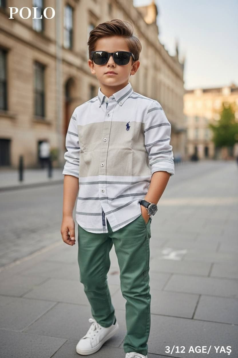 Polo Boys Smart Casual Striped Beige Shirt and Green Pants Set- Kids Boys (3-12Y)