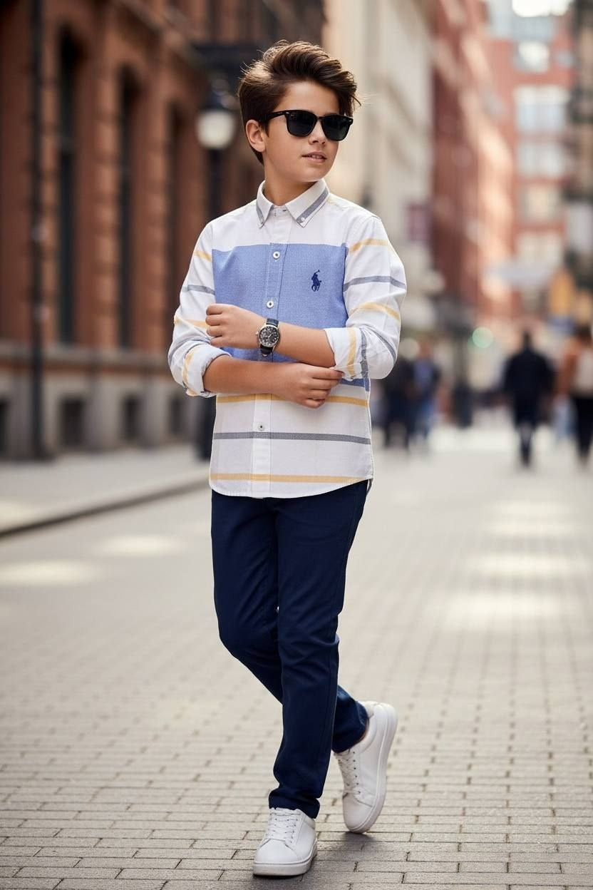 Polo Boys Smart Casual Striped Blue Shirt and Dark Blue Pants Set- Kids Boys (3-12Y)