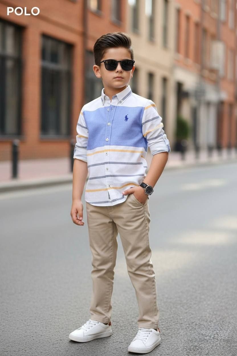 Polo Boys Smart Casual Striped Denim Shirt and Beige Pants Set- Kids Boys (3-12Y)