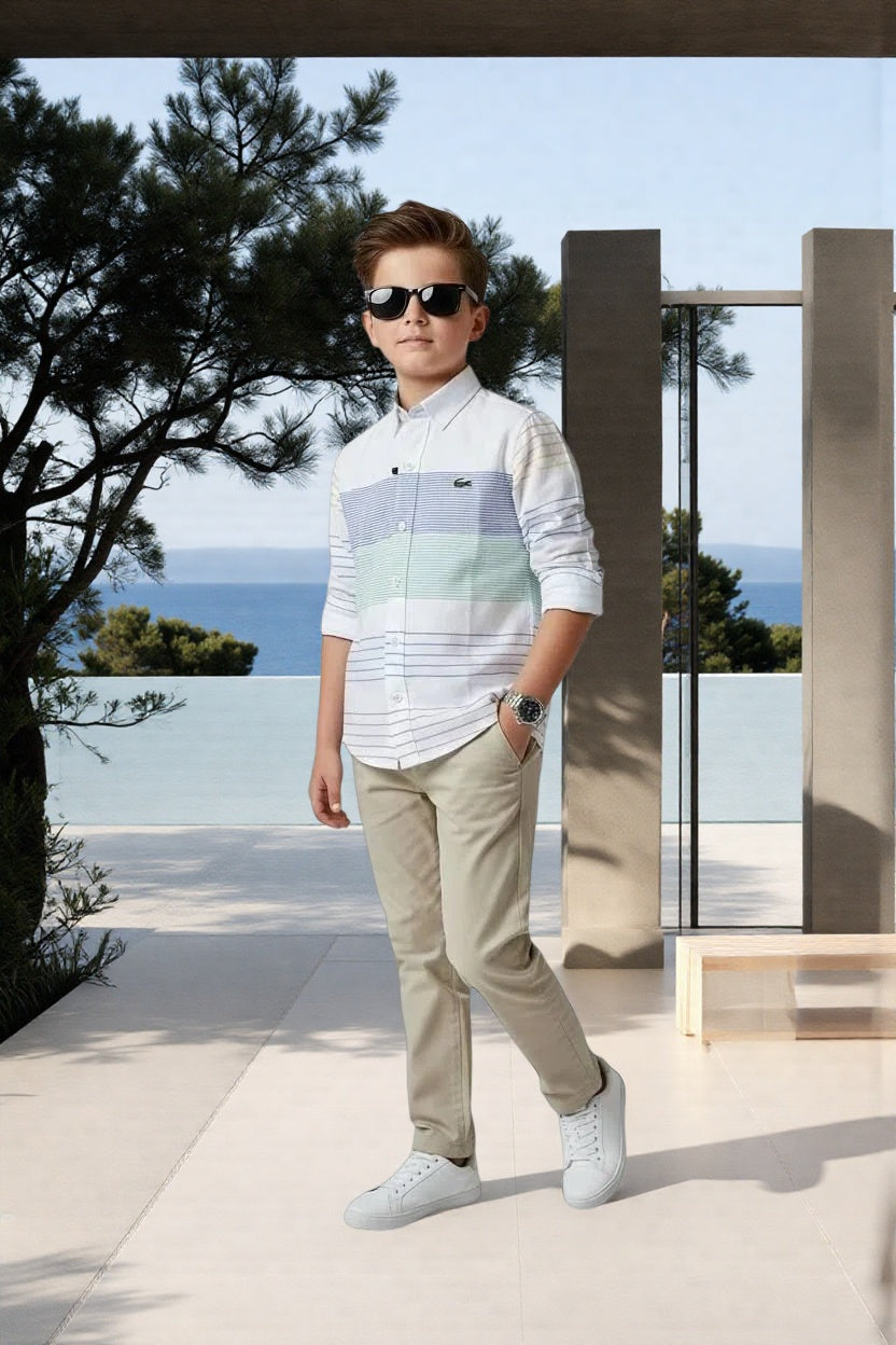 La Coste Boys Smart Casual Green Stripped Shirt and Beige Pants Set- Kids Boys (3-12Y)