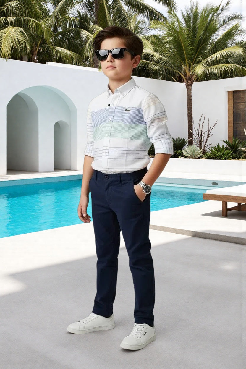 La Coste Boys Smart Casual Green Stripped Shirt and Dark Blue Pants Set- Kids Boys (3-12Y)
