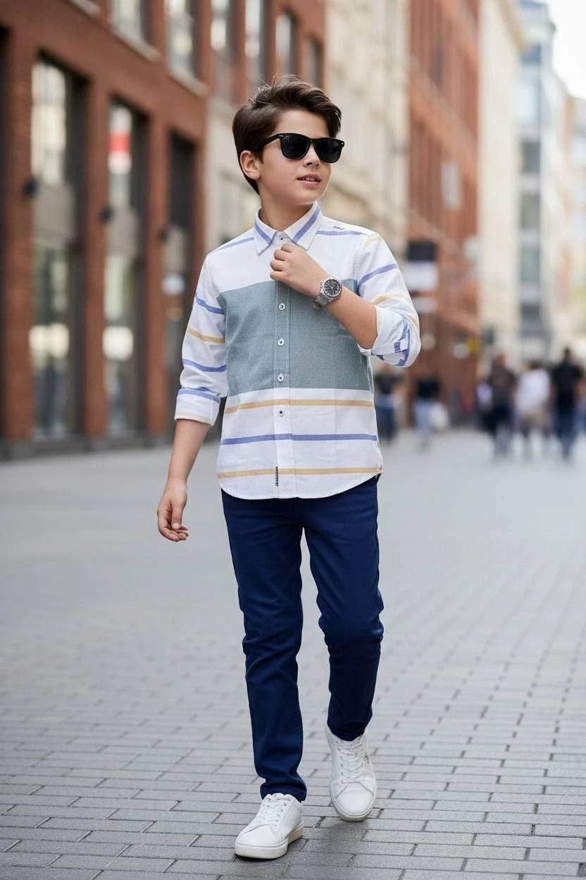 Polo Boys Smart Casual Striped Grey Shirt and Dark Blue Pants Set- Kids Boys (3-12Y)