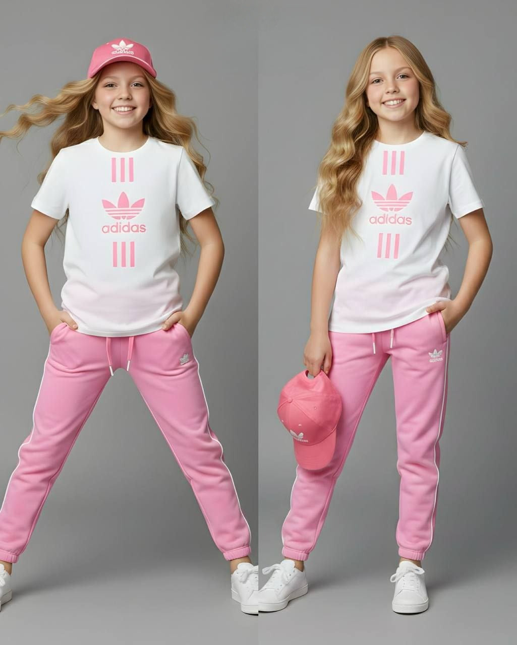 Adidas Pink 3 Pieces Kids Sporty Set – T-Shirt - Jogger Pants and Hat - Kids Girls (4-16Y)