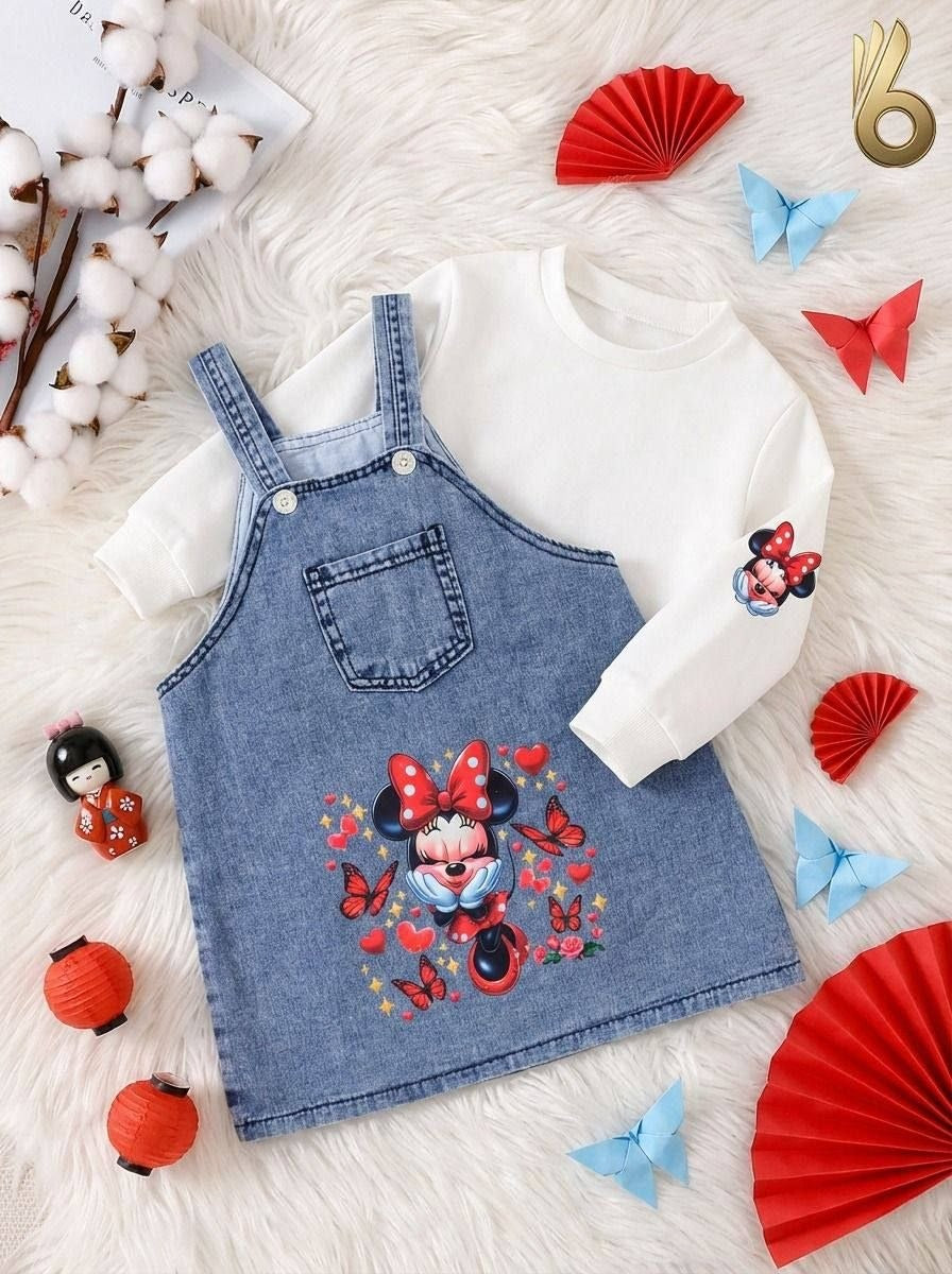 Minnie Mouse Denim Pinafore Dress Set – 2-Piece Outfit- Kids Girls (2-6Y)