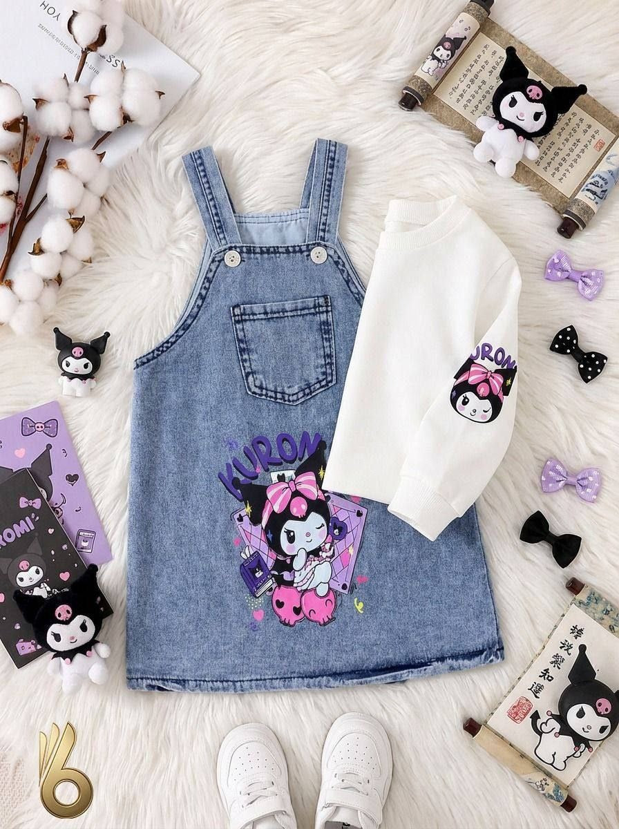 Kuromi Denim Pinafore Dress Set – 2-Piece Outfit- Kids Girls (2-6Y)