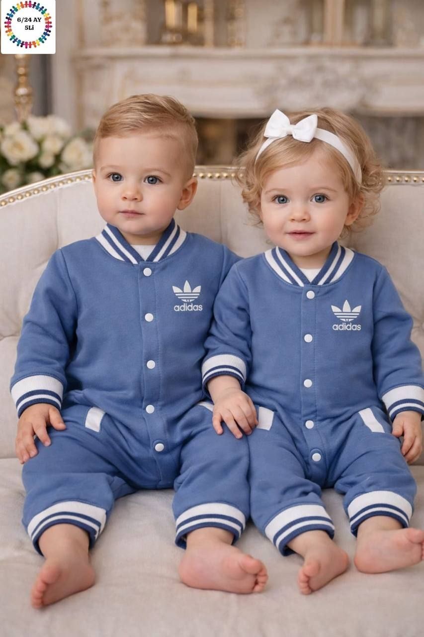 Adidas Blue Unisex Baby Sporty Cotton Jumpsuit Set - Baby Boys/Girls (6 to 24M)