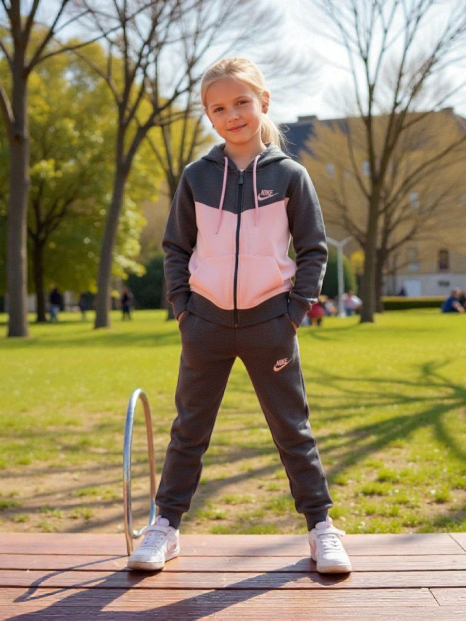 NIke Inspired Kids Grey Pink Hooded Tracksuit Set - Kids Girls (2-16Y)