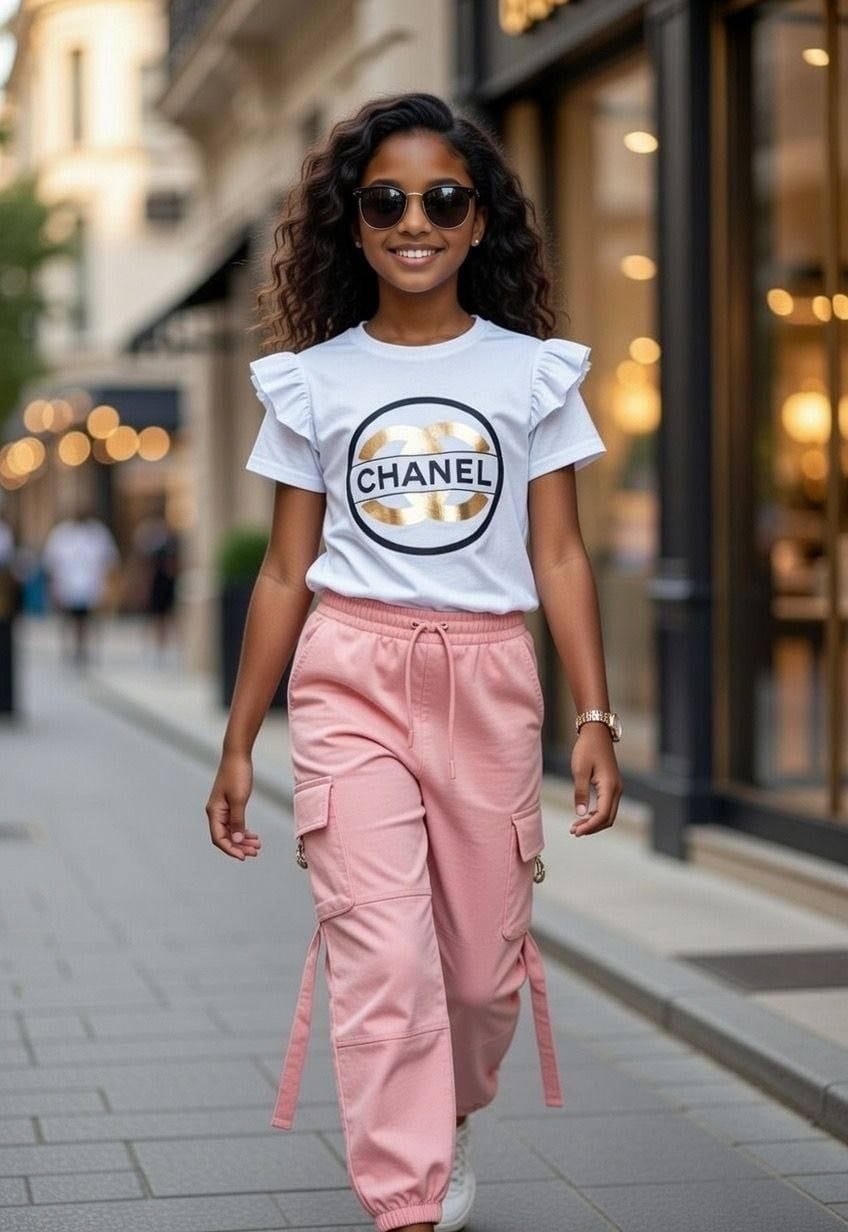Channel Chic Girls Casual Set – White Ruffle Tee & Pink Cargo Pants- Kids Girls (4 -14Y)
