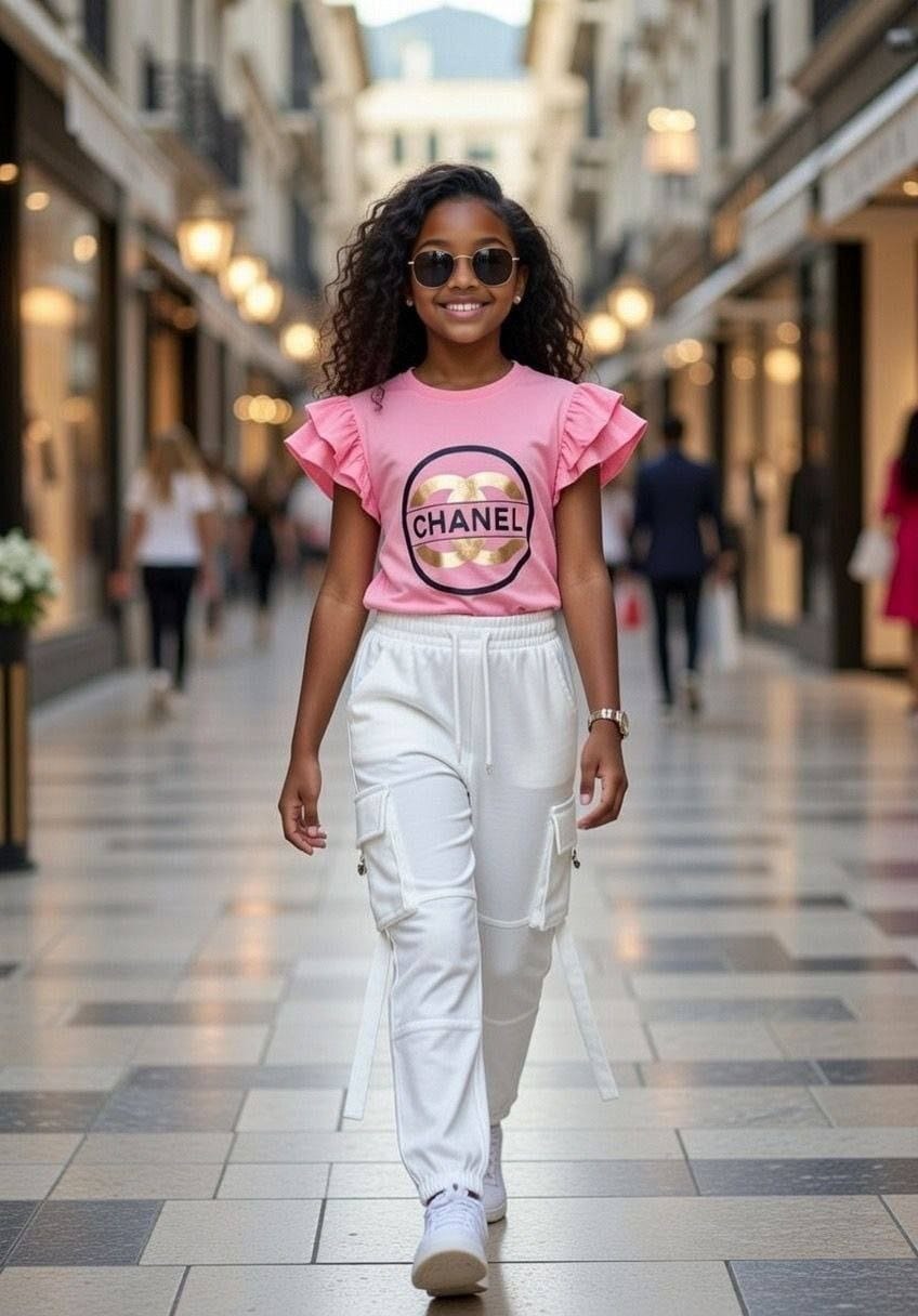 Channel Chic Girls Casual Set – White Ruffle Tee & Pink Cargo Pants- Kids Girls (4 -14Y)