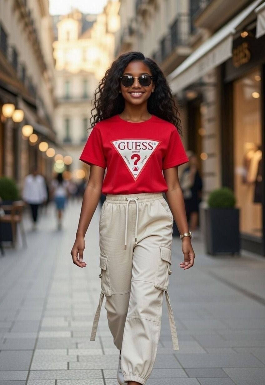 Guess Trendy Girls Casual Set – Red Logo Tee & Cargo Pants- Kids Girls (4 -14Y)