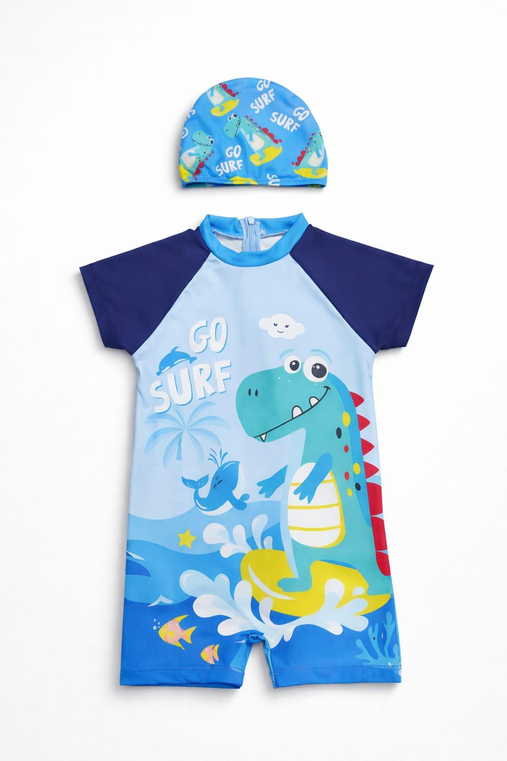 Cartoon Dinosaur "Go Surf" Short-Sleeve Swimsuit Set - Kids Boys (Ages 2-8Y)