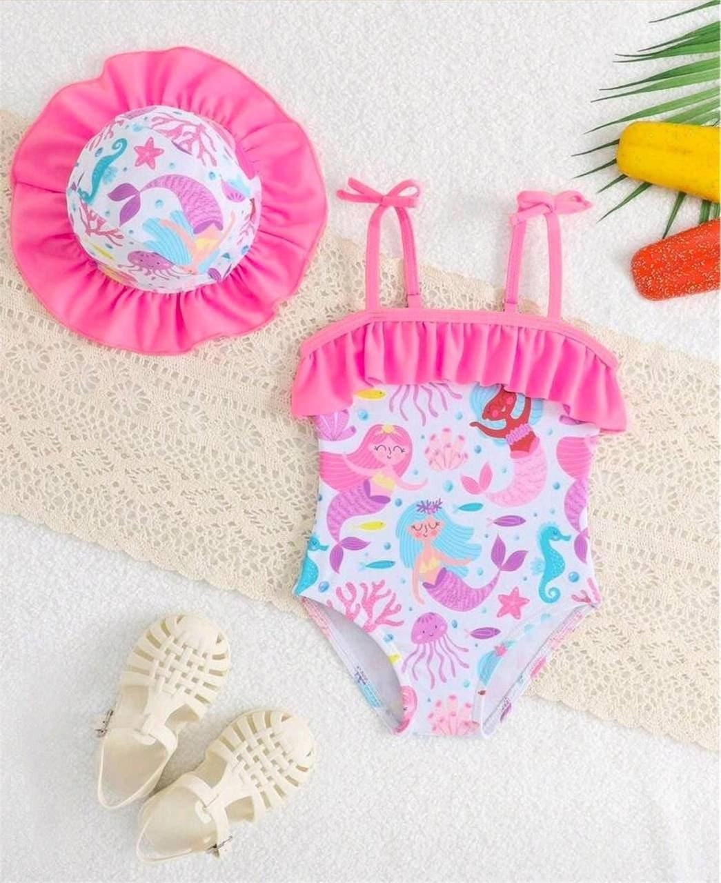 Baby and Toddler Mermaid Swimsuit and Sun Hat Set- Baby Girl (Ages 6-24 M)
