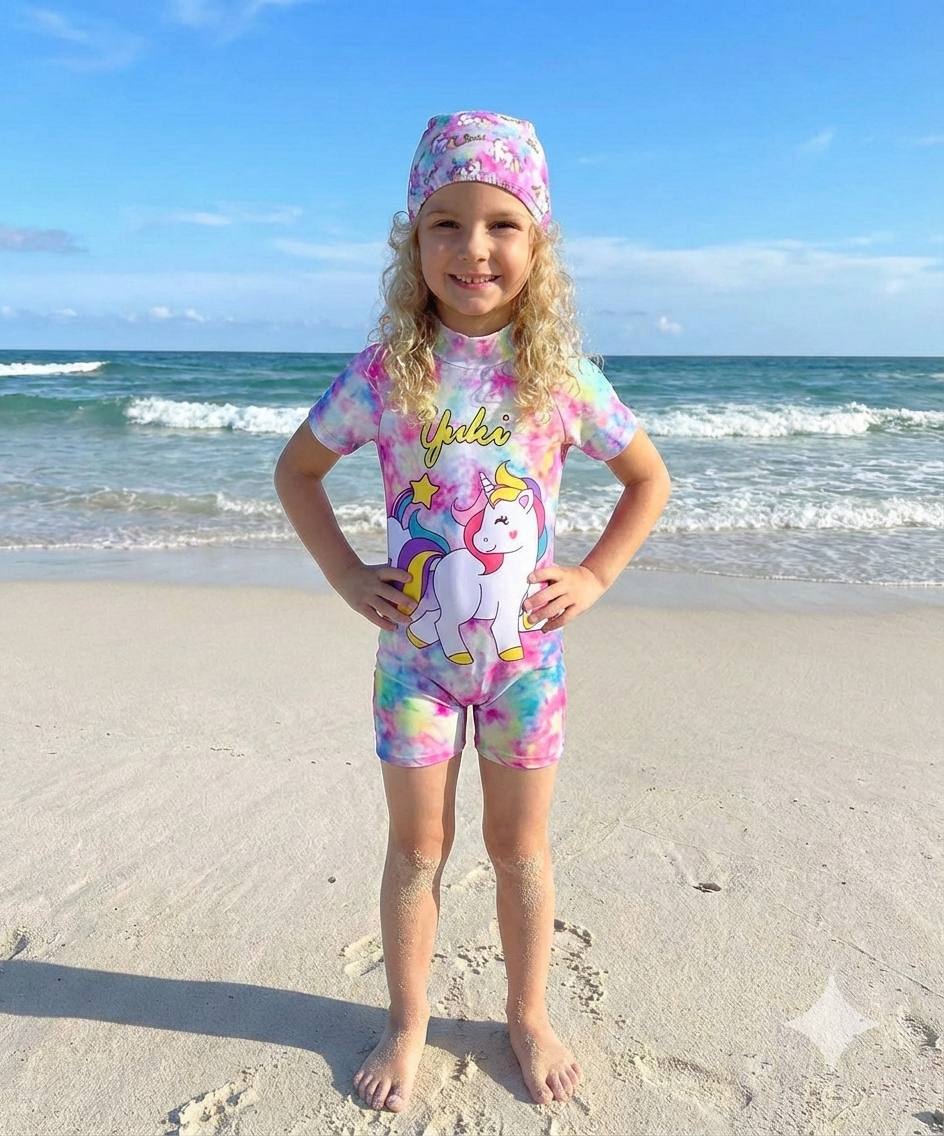 Pastel Tie-Dye Unicorn Short-Sleeve Swimsuit Set- Kids Girls (Ages 2-8)
