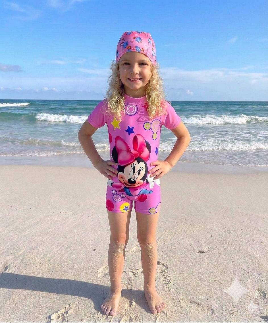 Disney Minnie Mouse Starry Pink Short-Sleeve Swimsuit Set- Kids Girls (Ages 2-8)