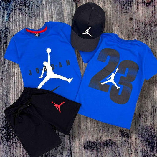 Jordan Summer Sporty Blue Tee, Shorts and Cap Set –– Kids Boys (Ages 3 to 12)