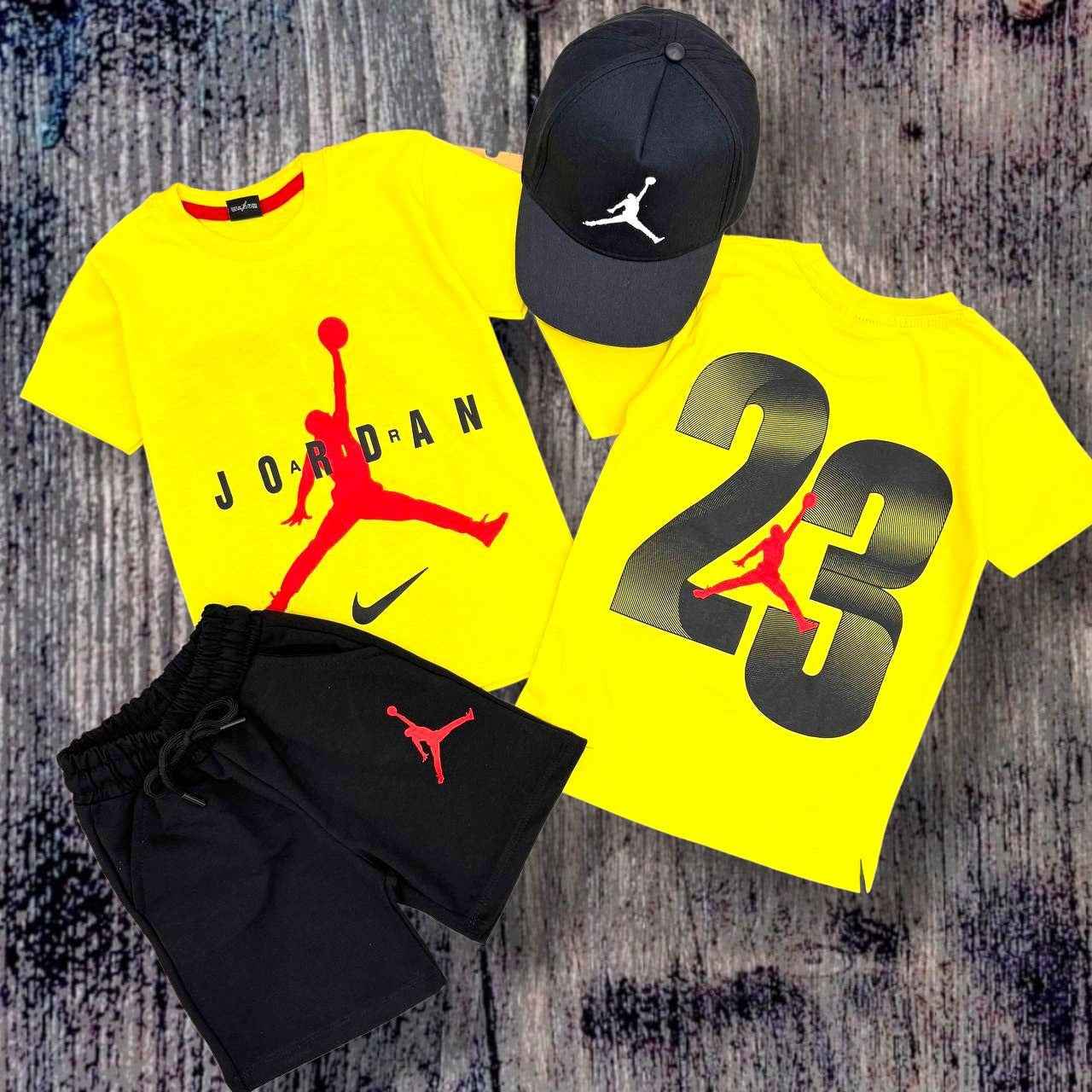 Jordan Summer Sporty Yellow Tee, Shorts and Cap Set –– Kids Boys (Ages 3 to 12)