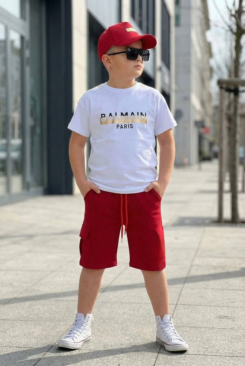 Balmain Paris Kids Luxury White T-Shirt and Cargo Shorts Set - Kids Boys (3-14Y)
