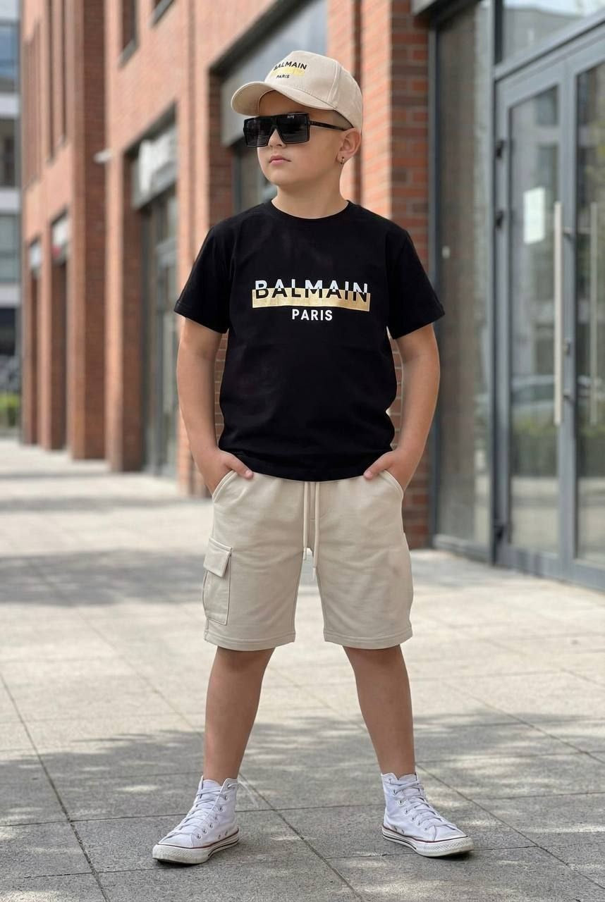 Balmain Paris Kids Luxury Black T-Shirt and Cargo Shorts Set - Kids Boys (3-14Y)
