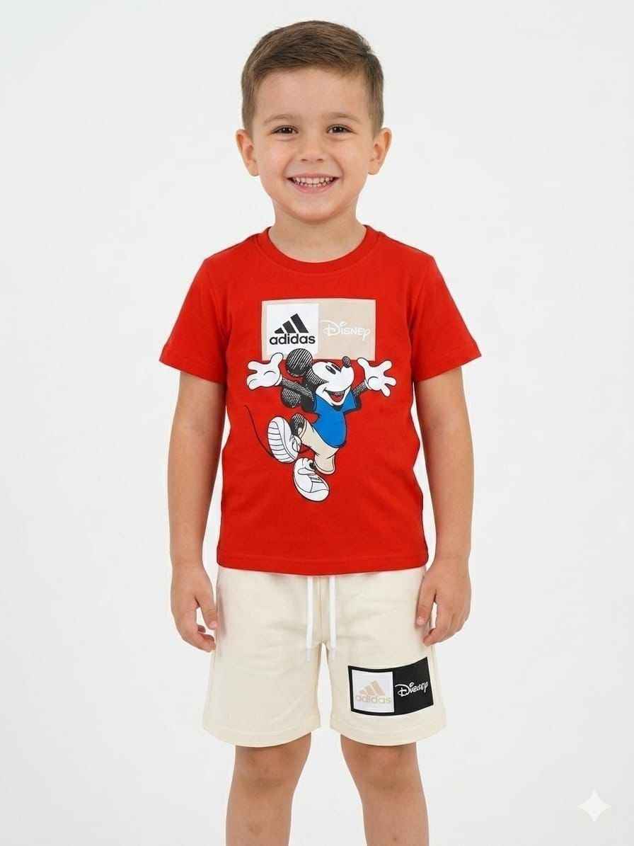 ADIDAS Mickey Mouse Red Tee and Beige Shorts Summer Set – Kids Boys (Ages 3 to 10)