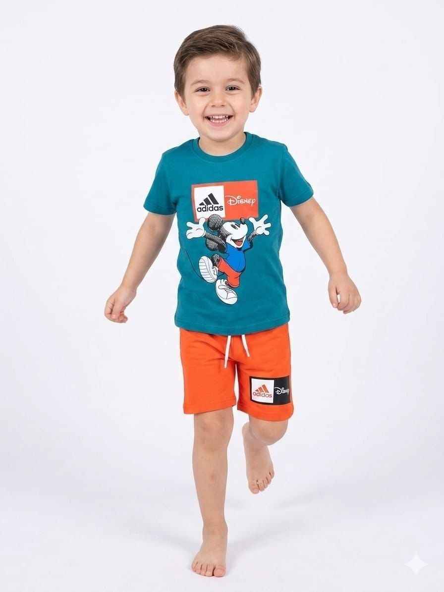 ADIDAS Mickey Mouse Green Tee and Orange Shorts Summer Set – Kids Boys (Ages 3 to 10)