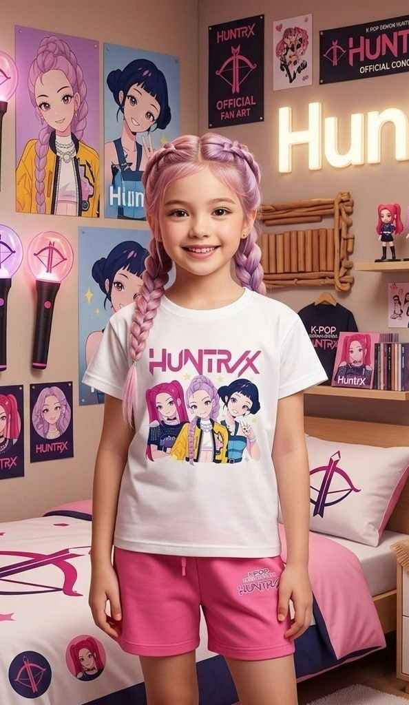 Huntrx K-Pop Kids beige T-Shirt and Pink Shorts Set - Kids Girls (Age: 5-14Y)