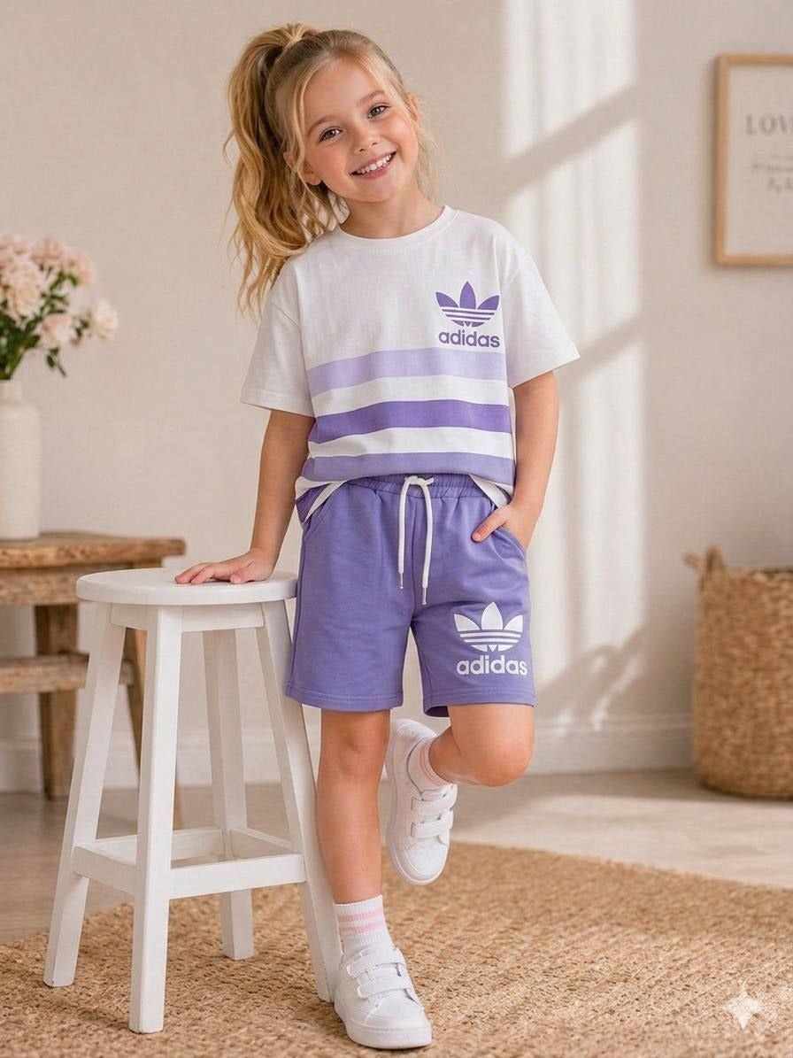 ADIDAS Girls Sporty Purple Stripe Tee and Shorts Set - Kids Girls (Age: 3-10Y)