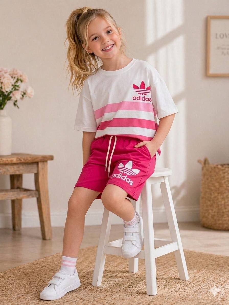 ADIDAS Girls Sporty Pink Stripe Tee and Shorts Set - Kids Girls (Age: 3-10Y)