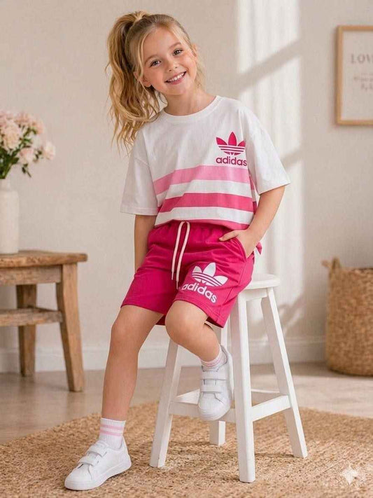 ADIDAS Girls Sporty Pink Stripe Tee and Shorts Set - Kids Girls (Age: 3-10Y)