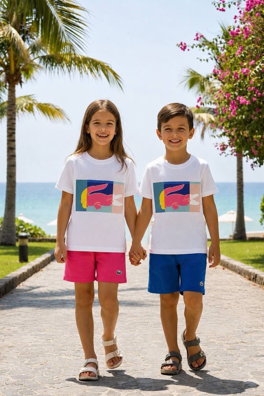 LACOSTE Kids Retro Pop Tee and Shorts Set–– Kids Boys/Girls (Ages 3 to 12)