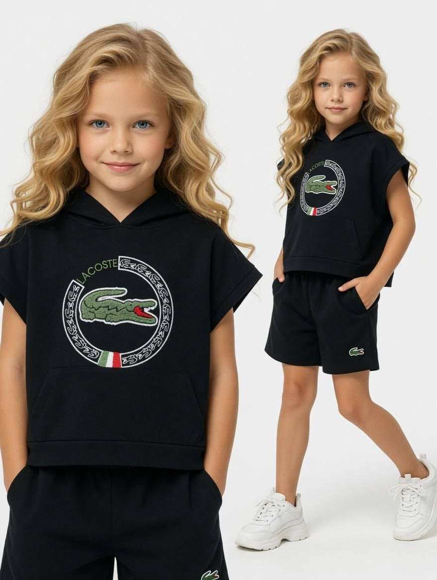 La Coste Girls Black Sleeveless Hoodie and Shorts Set - Kids Girls (Age: 4-15Y)
