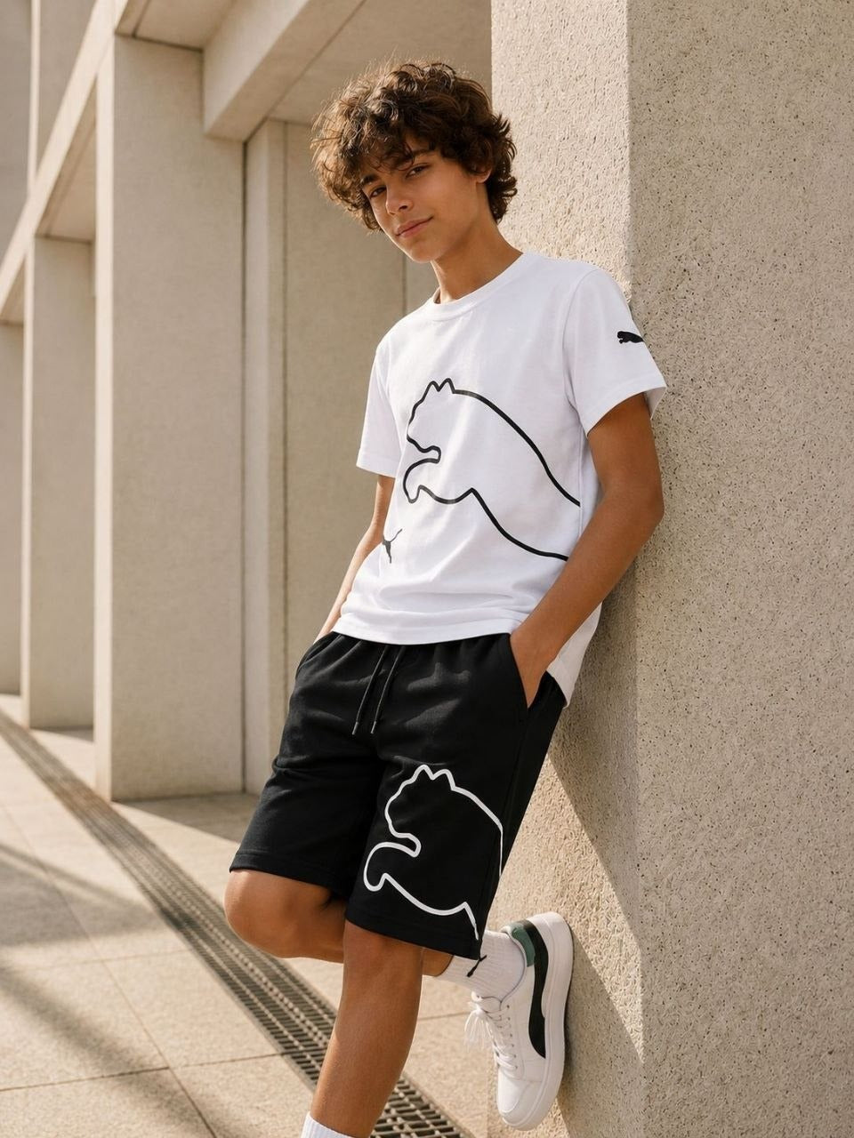 Puma White Graphic Tee and Monogram Shorts Set –– Kids/Teens Boys (Ages 11 to 15)