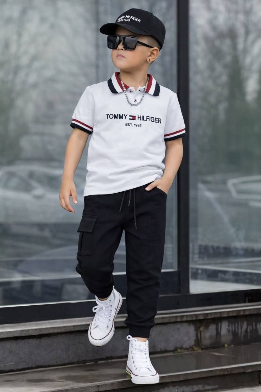 Tommy Hilfiger white Polo and Cargo Pants Set  –– Kids Boys (Ages 4 to 14)