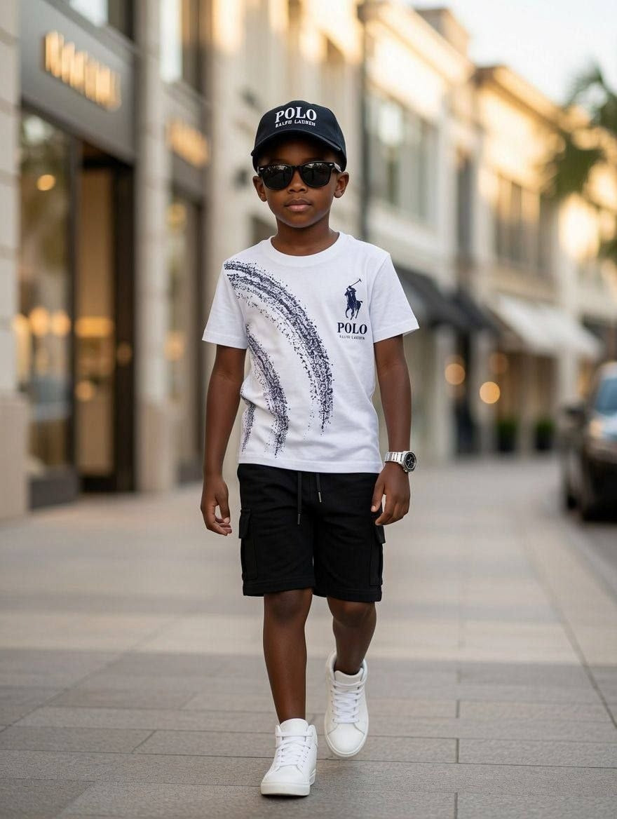 Polo Graphic White Tee and Cargo Shorts Set –– Kids Boys (Ages 3 to 12)