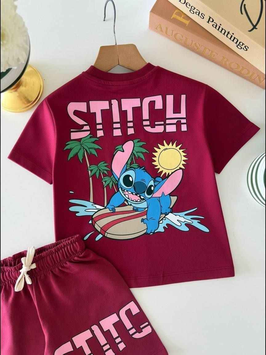 Girls Stitch Surf Maroon Short Set   -  Kids Girls (Age: 3-10)