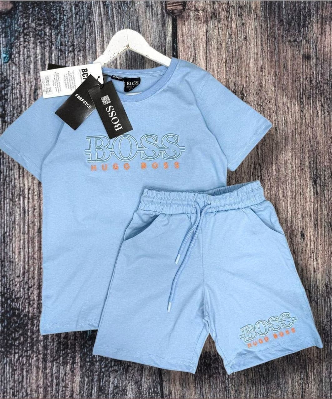 Boss Short-Sleeve Tee Shorts Light Blue Summer Set –– Kids Boys (Ages 2 to 15)