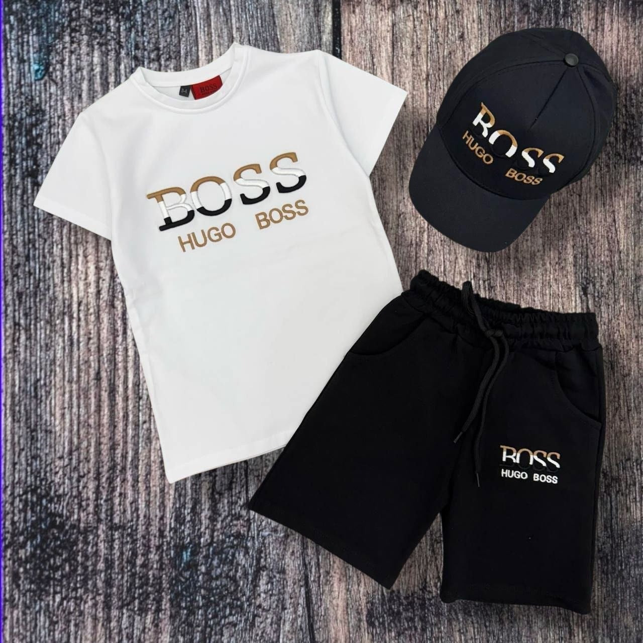 HUGO Boss Gold-Logo Tee Shorts and Cap White Summer Set –– Kids Boys (Ages 2 to 15)