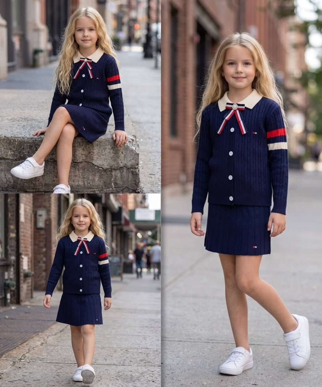Preppy Knit Cardigan and Pleated Skirt Dark Blue Set - Kids Girls (3-12Y)